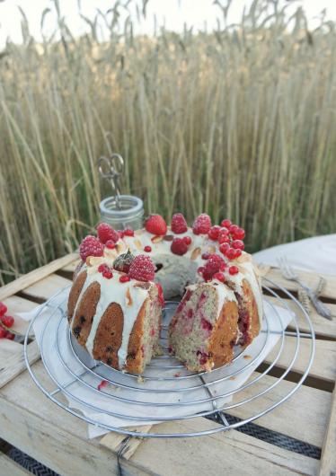 Mohngugel mit Johannisbeeren und weißer Schokolade